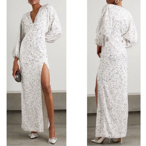 RETROFETE Camille Sequin Embellished Long Sleeve Deep V Maxi Dress Size Small - Picture 4 of 14